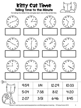 Free Telling Time Worksheet for the Nearest Minute - Cut and Paste