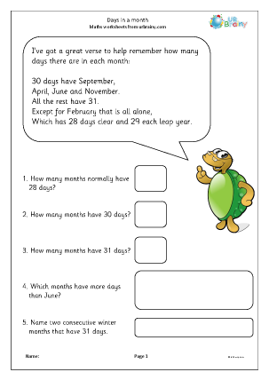 Days in a month - Measuring and Time Worksheets for Year 3 (age 7 ...