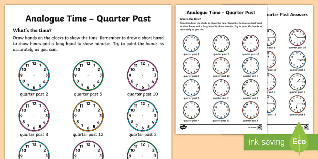 Analogue Time - Quarter Past Worksheet / Worksheet - Twinkl