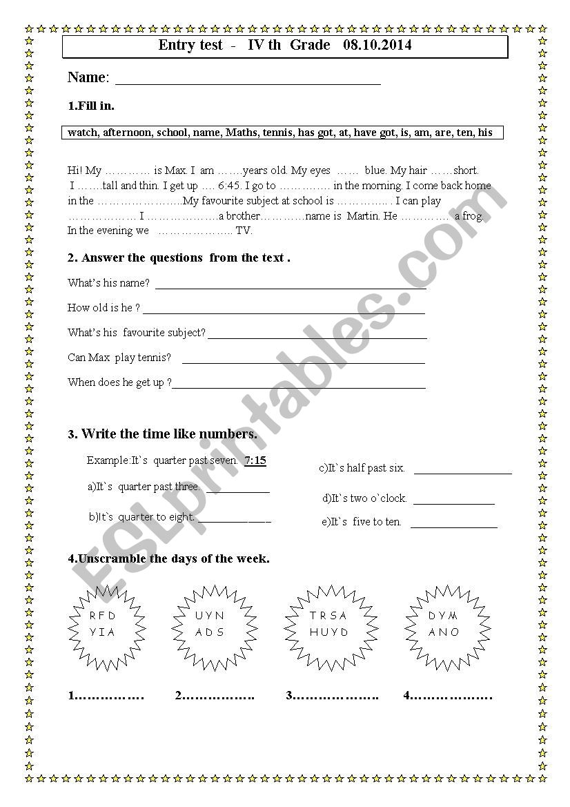 Entry test - second year - ESL worksheet by Krasimira