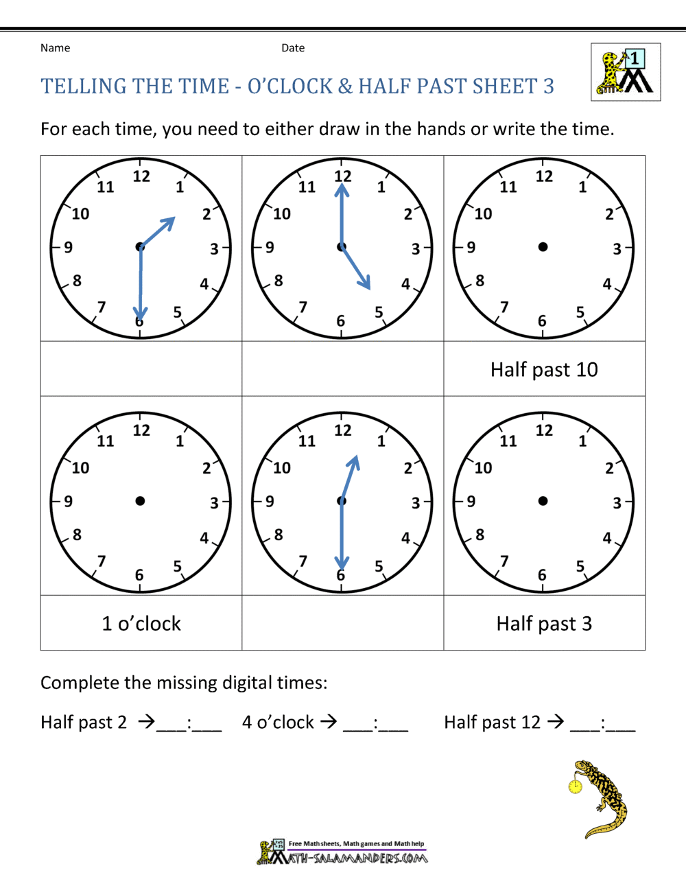 Telling Time Worksheets - Oclock and Half past