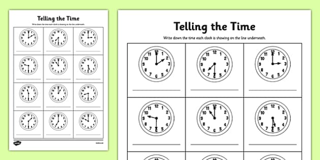 Oclock and Half Past Worksheet — KS1 (teacher made)