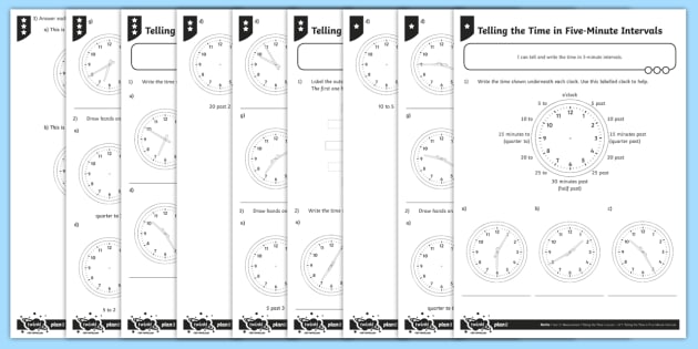 Telling the time worksheets in 5-minute intervals. - Twinkl