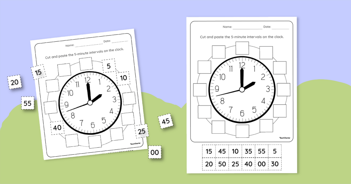 Clock Worksheet Cut and Paste- 5-Minute Intervals | Teach Starter