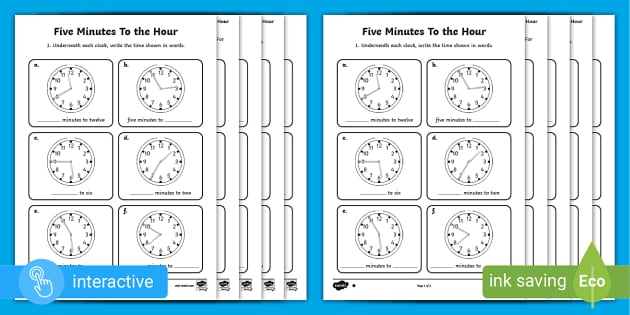 Telling the Time 5 Minute Intervals Worksheet (teacher made)