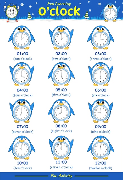 Premium Vector | What is the time Worksheet with penguin part Five