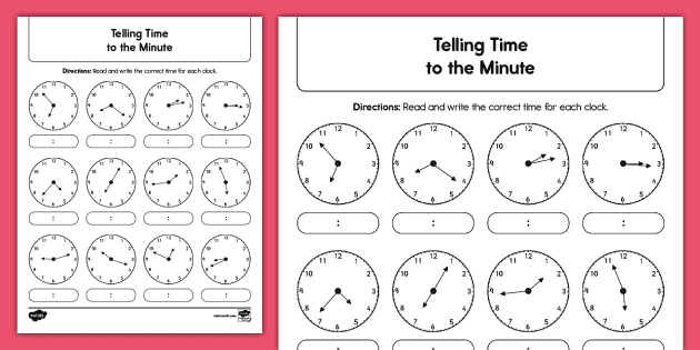 Second Grade Telling Time to the Minute Activity Sheet