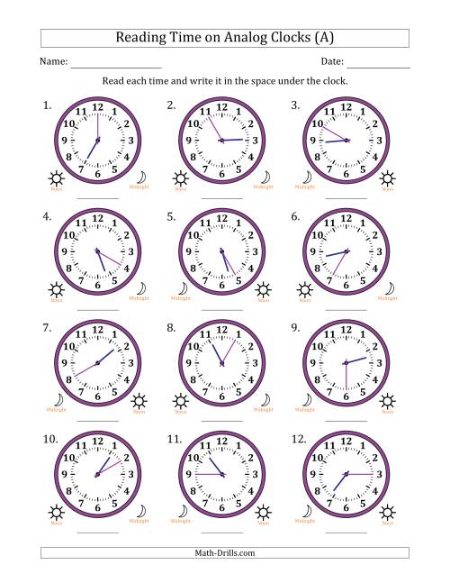Reading 12 Hour Time on Analog Clocks in 5 Minute Intervals (12 ...