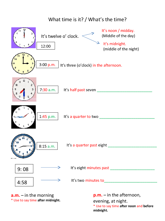 time worksheet for adults