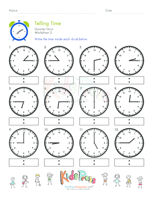 Telling Time Quarter Hour Worksheet #2 - KidsPressMagazine.com