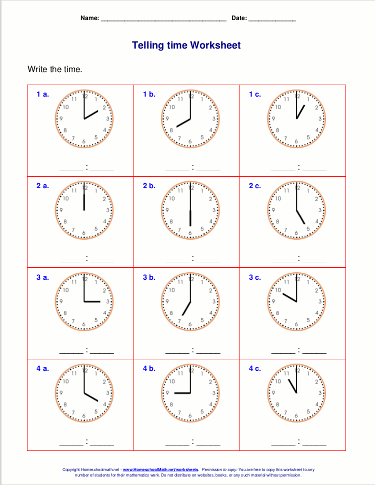 Telling time worksheets for 1st grade