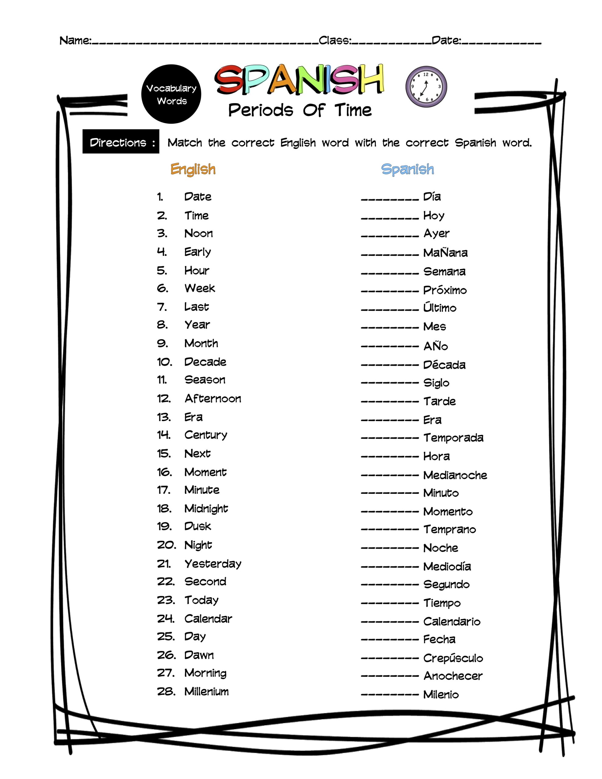 Spanish Periods Of Time Vocabulary Matching Worksheet &  Answer Key