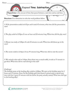 Elapsed Time: Subtraction | Worksheet 