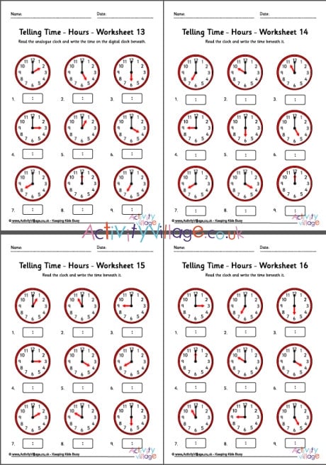 Telling Time Worksheets - Hours - Pack 4