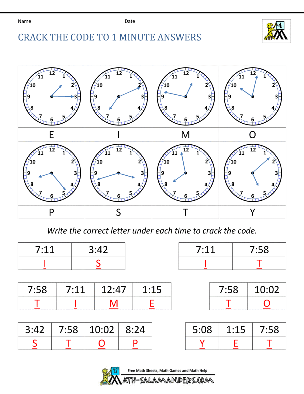 Telling Time Worksheets Grade 4 to the nearest minute