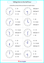 Grade 1 Whole and half hour time mesurement math school worksheets ...