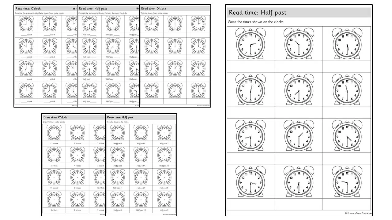 Oclock and half past | Worksheets - Primary Stars Education
