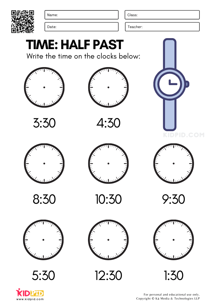 Clocks: Half Past Worksheets for Kids - Kidpid