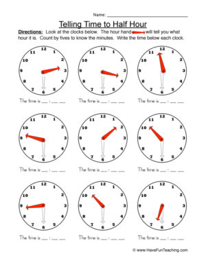 Time to the Half Hour Worksheet  