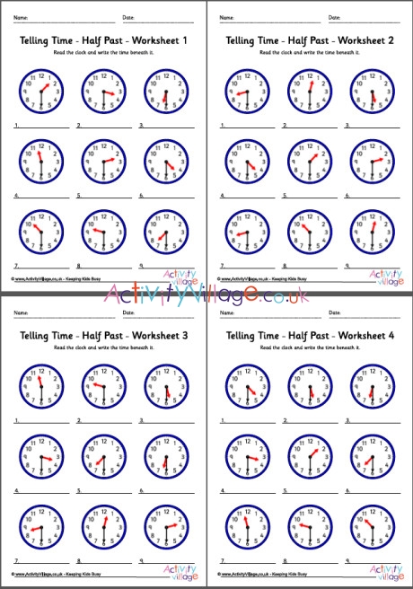 Telling Time Worksheets - Half Past - Pack 1