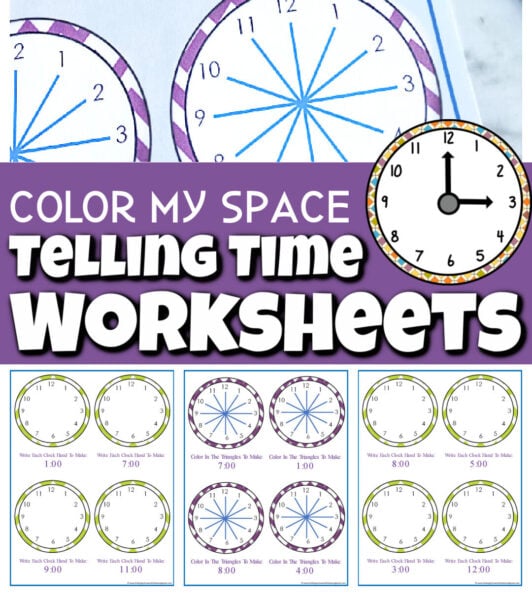 ? Color by Space - Clock Telling Time Kindergarten Worksheets