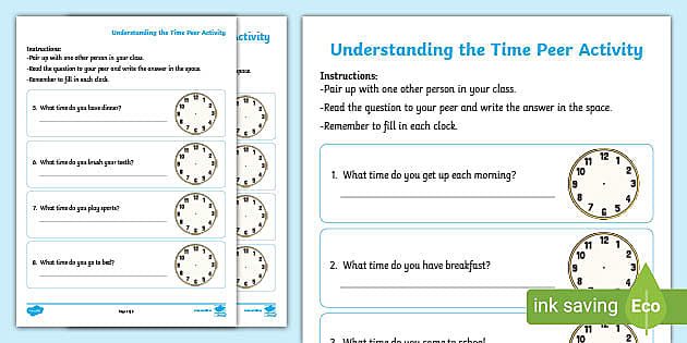 Understanding the Time Peer Worksheet (teacher made)