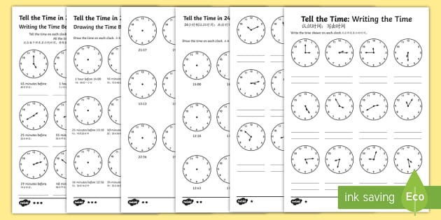 Tell and Write the Time Differentiated Worksheets English/Mandarin ...