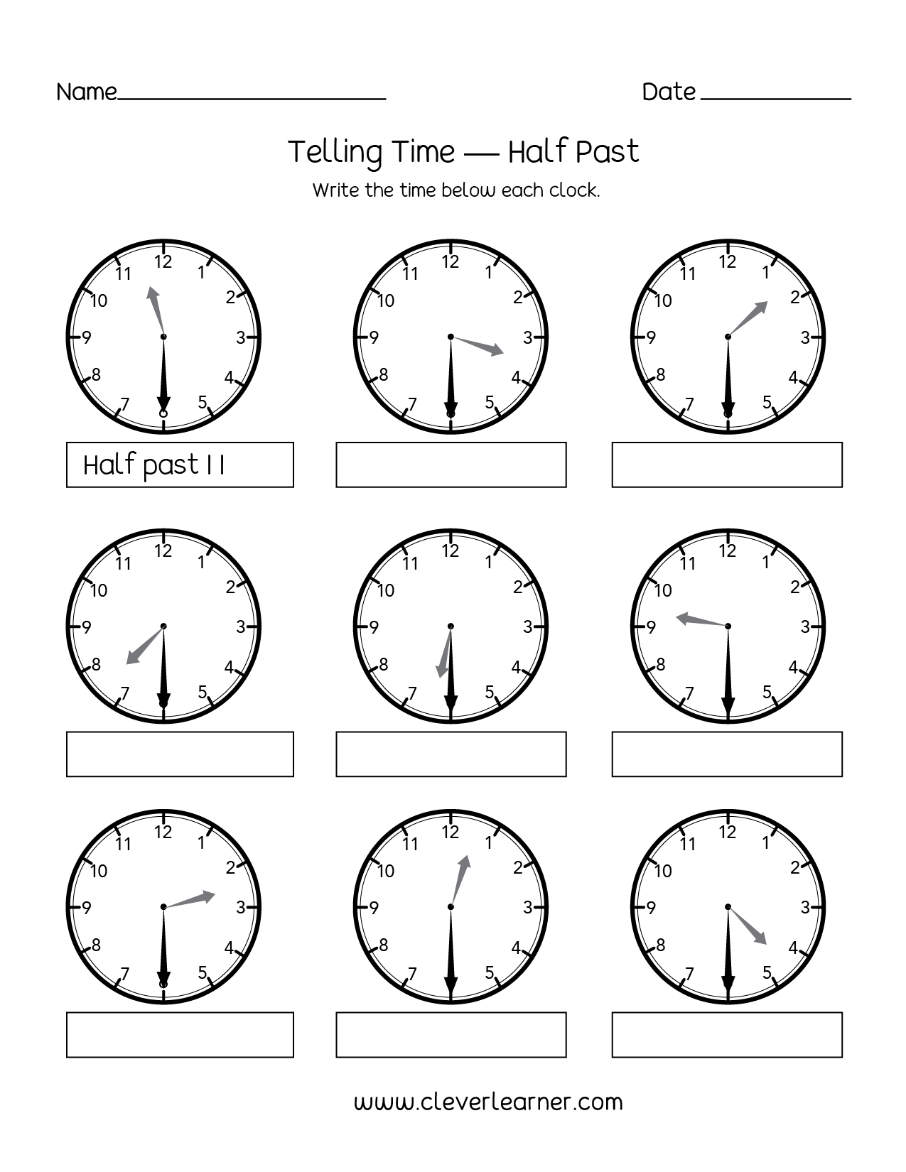 time worksheet hour and half past