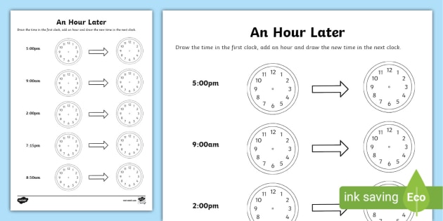 An Hour Later Time Worksheets Year 1 (teacher made) - Twinkl