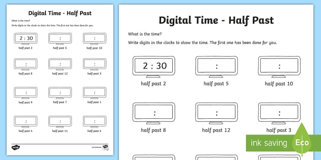 Digital Time - Half Past Worksheet / Worksheet 