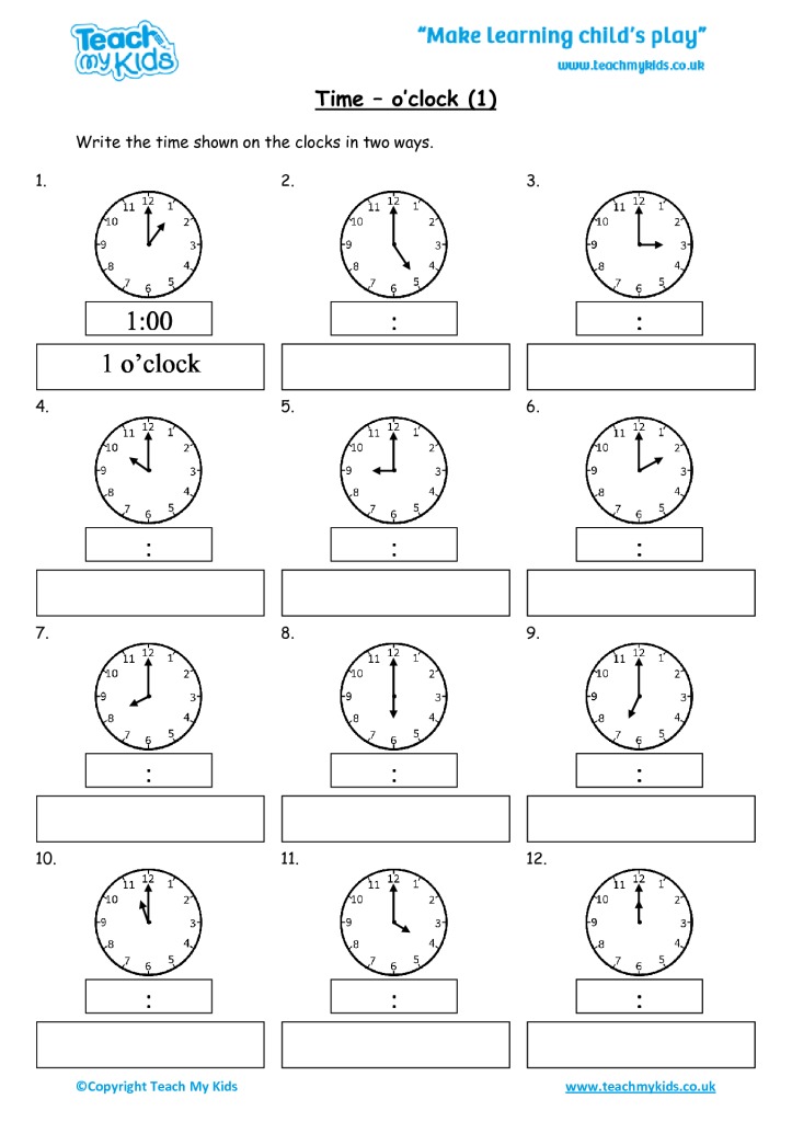 time worksheet ks1 oclock and