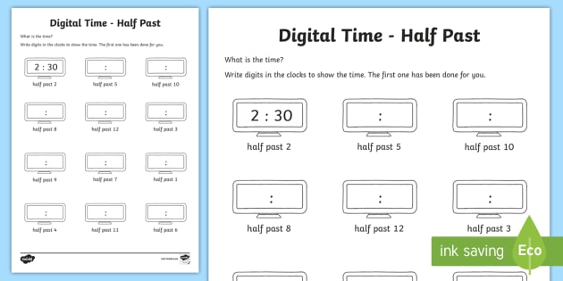 Digital Time - Half Past Worksheet / Worksheet 