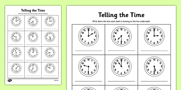 Oclock and Half Past Worksheet — KS1 (teacher made)