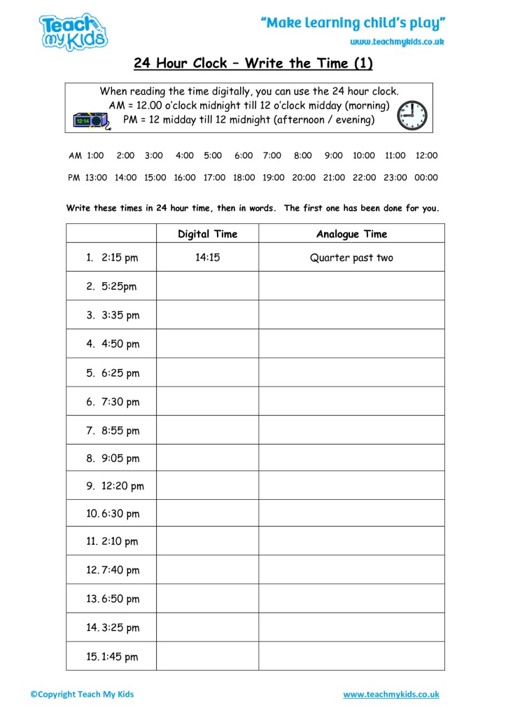 24 Hour Clock - Write the Time (1) - TMK Education