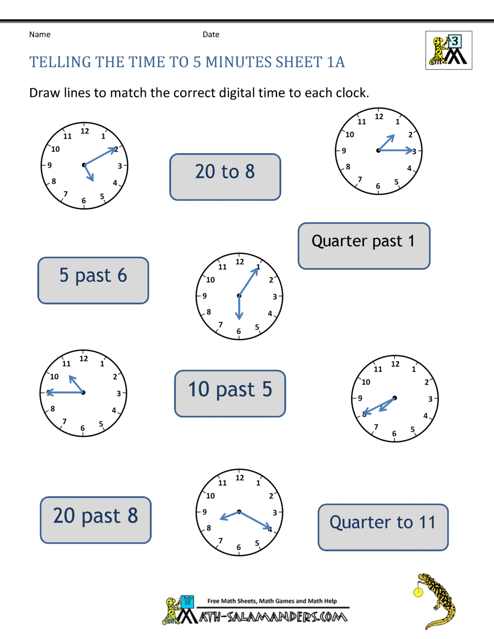 Telling Time to 5 minutes Worksheets