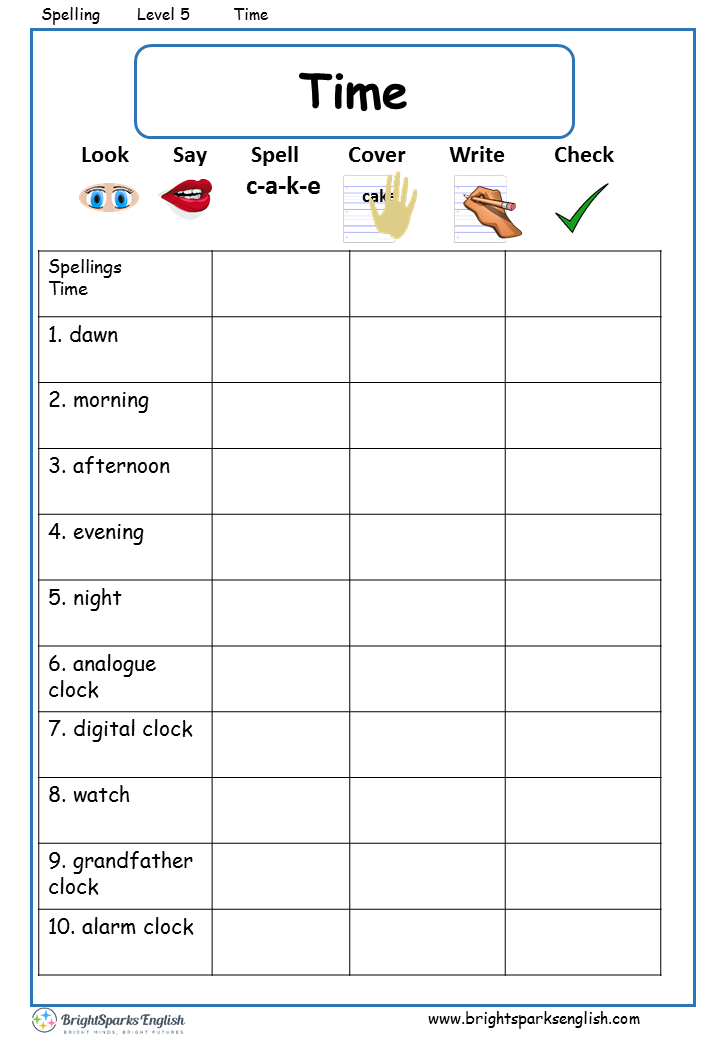 Time English Spelling Worksheet - English Treasure Trove