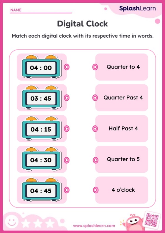 Match Digital Clock with Time in Words — Printable Math Worksheet
