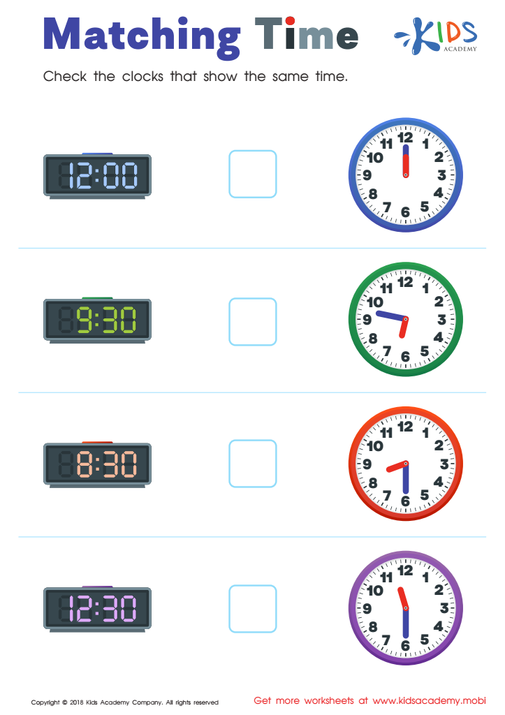 Matching Time Worksheet: Free Printable for Kids