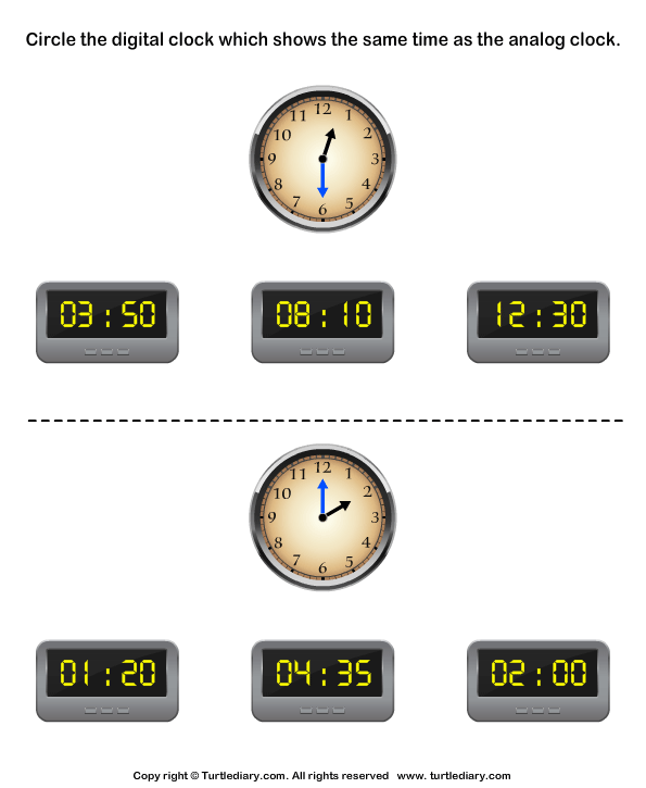 time worksheet matching digital