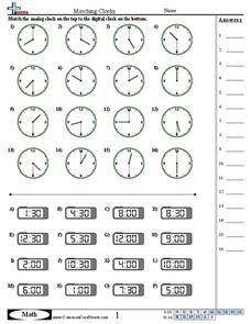Matching Clocks (Half Hour Increments) Worksheet for 1st Grade ...