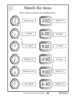 Match the times! | 1st grade Math Worksheet | GreatSchools