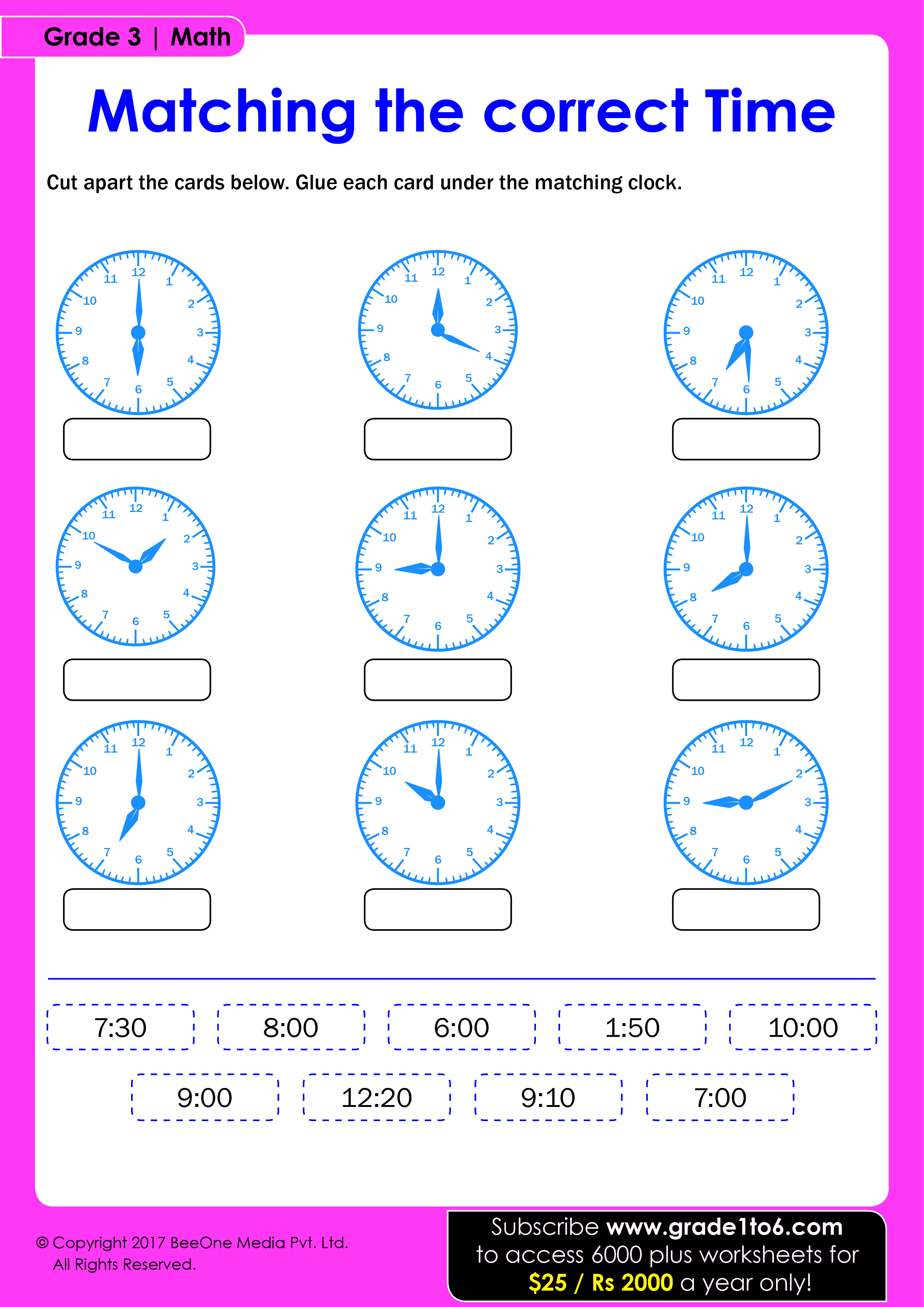 Matching the Correct Time Worksheet | Grade1to6.com