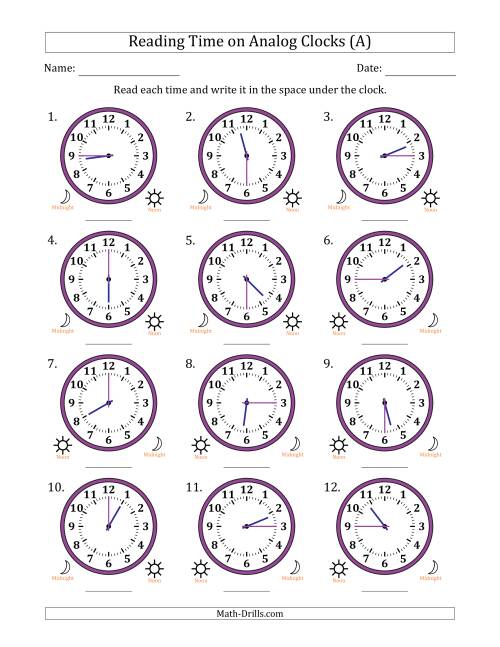 Reading 12 Hour Time on Analog Clocks in 15 Minute Intervals (12 ...
