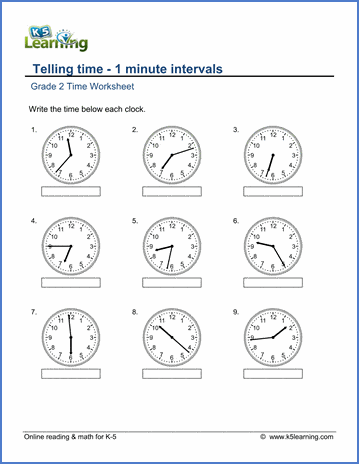 Grade 2 Math Worksheet - Clock: telling time - 1 minute intervals ...