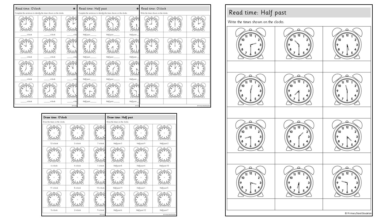 Oclock and half past | Worksheets - Primary Stars Education
