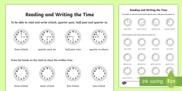 Reading and Writing the Time Worksheet / Worksheet - Twinkl