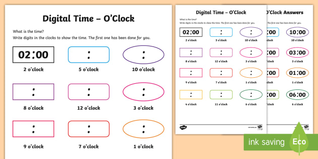 Digital time KS1 - Oclock Worksheet - Primary Resources