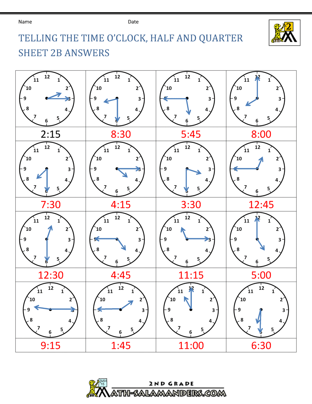 Time Worksheet Oclock, Quarter, and Half past