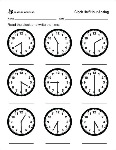 time worksheet on the half hour