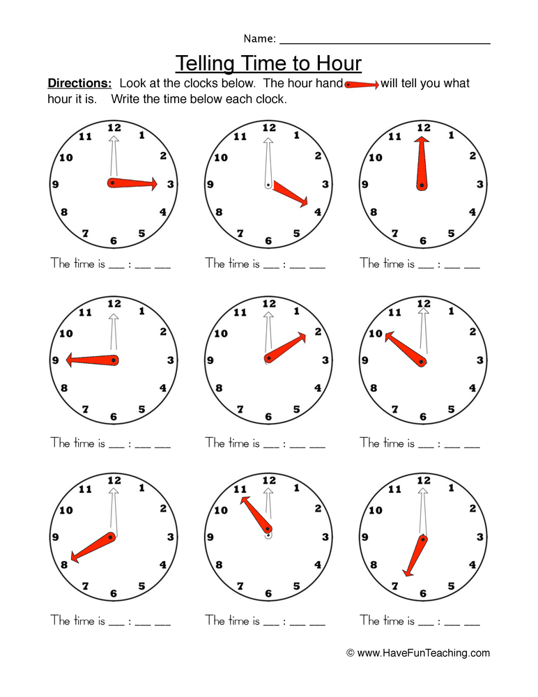 time worksheet on the hour